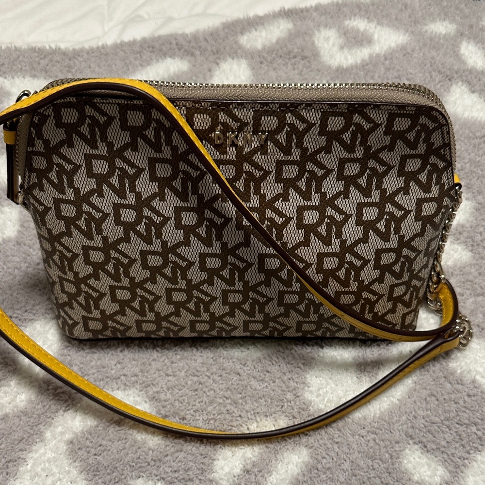 DKNY Monogram Crossbody Bag in Brown and Yellow